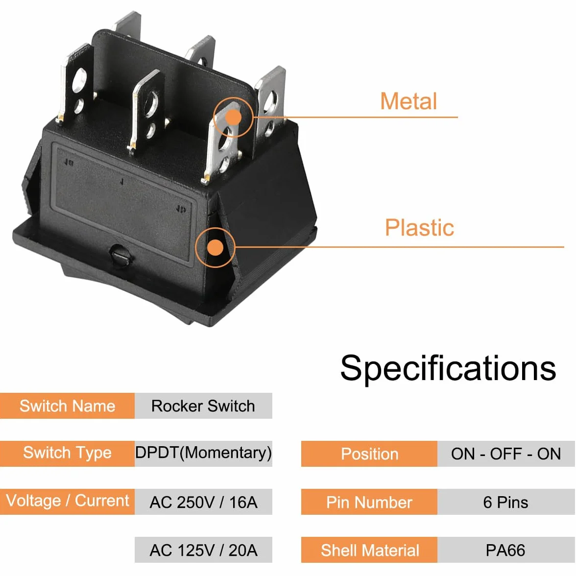 Przełącznik kołyskowy DPDT 6-pinowy 3 pozycje ON/OFF/ON Chwilowy DC 12V 10A AC110V-220V 2 szt