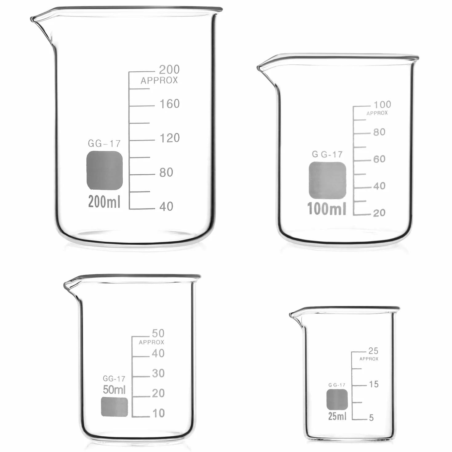 QWORK Becher zestaw 4 miarek 25-200 ml szkło borokrzemowe 3.3 laboratorium