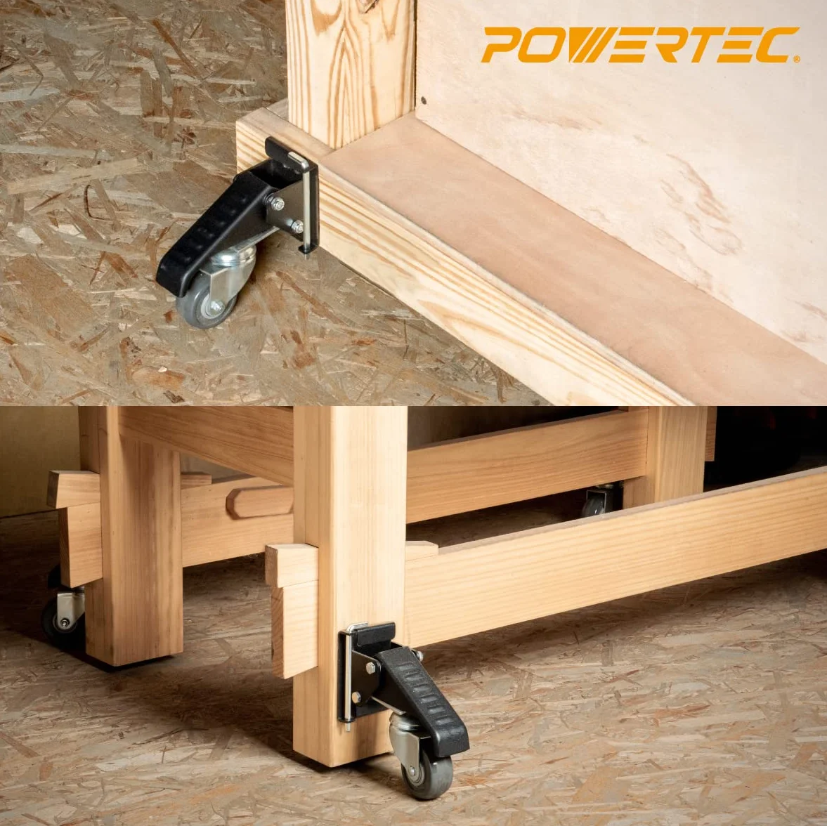 POWERTEC 17002 kółka warsztatowe z płytkami szybkiego zwalniania, 4 zestawy, czarne