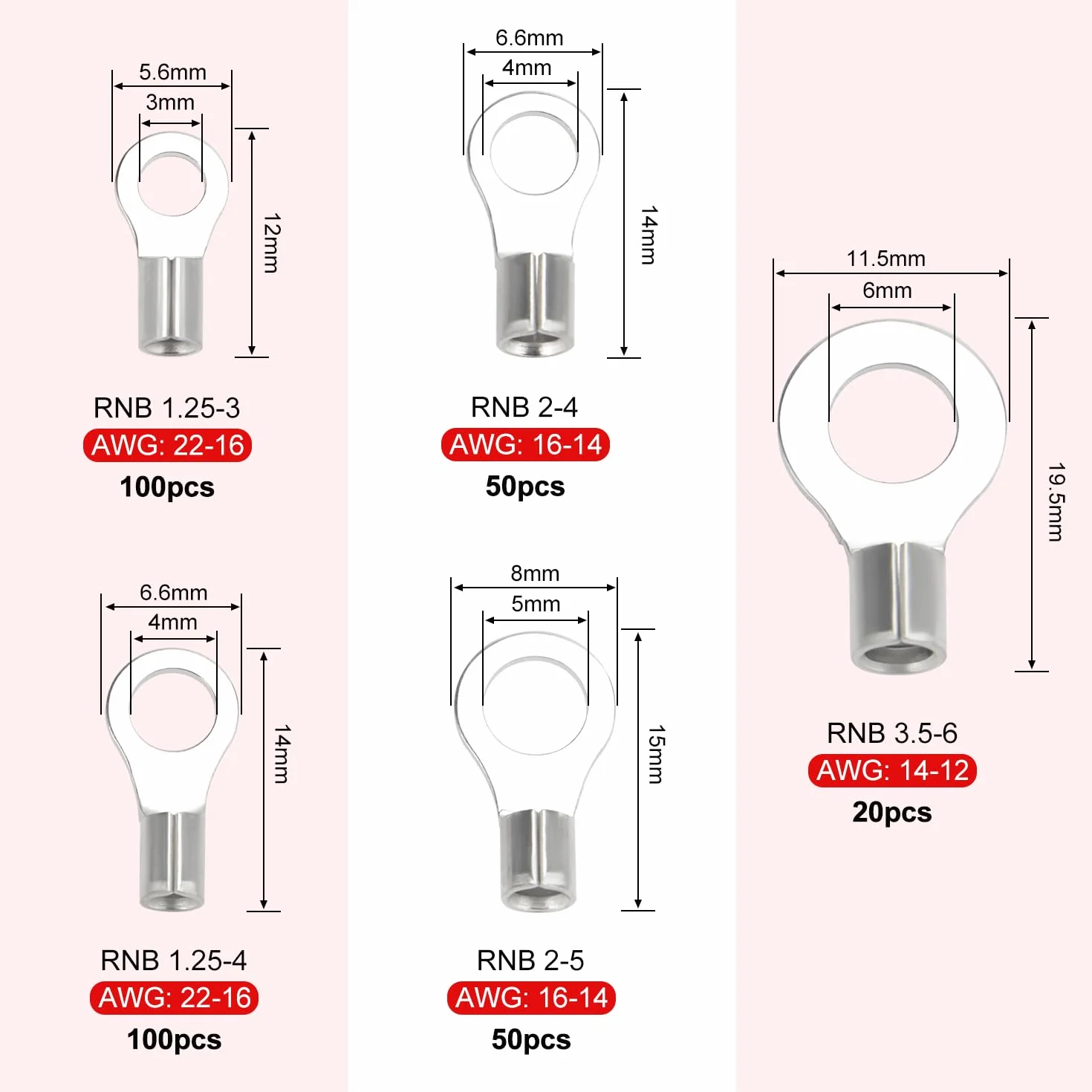 320 sztuk M3/M4/M5/M6 złącza zaciskane z końcówkami pierścieniowymi miedziane typu O AWG 22-16 16-14 14-12