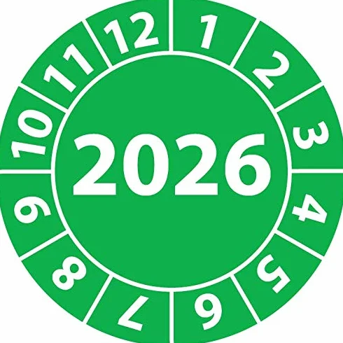 Roczna plakietka kontrolna 2026, folia winylowa, samoprzylepna, naklejka kontrolna, roczna plakietka na rok 2026 (35 mm Ø, zielona, 250)
