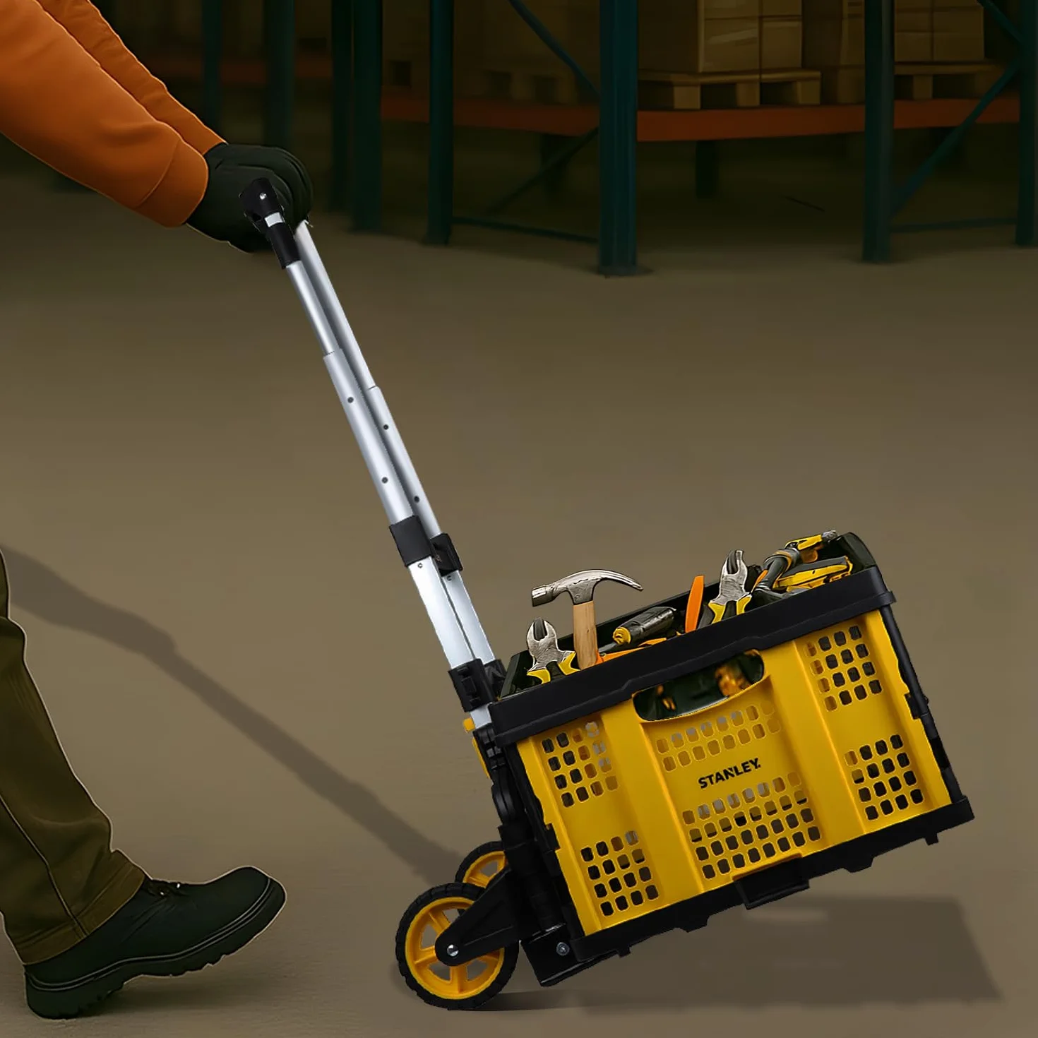 Stanley Składany wózek transportowy i składana skrzynia FT501/FT505 – wózek transportowy 70 kg – składana skrzynia 25 kg – zakupy, obsługa i przeprowadzka – czarny/żółty