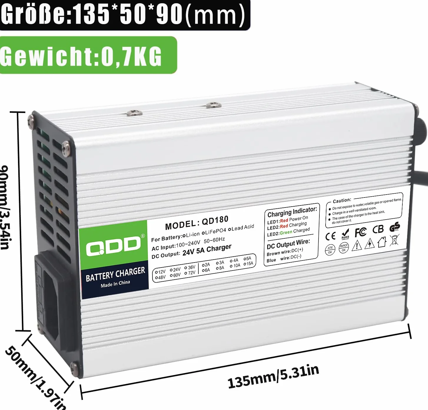QDD Ładowarka 24 V 5 A do akumulatorów kwasowo-ołowiowych AGM VRLA OPZV z wyjściem DC i złączem XLR