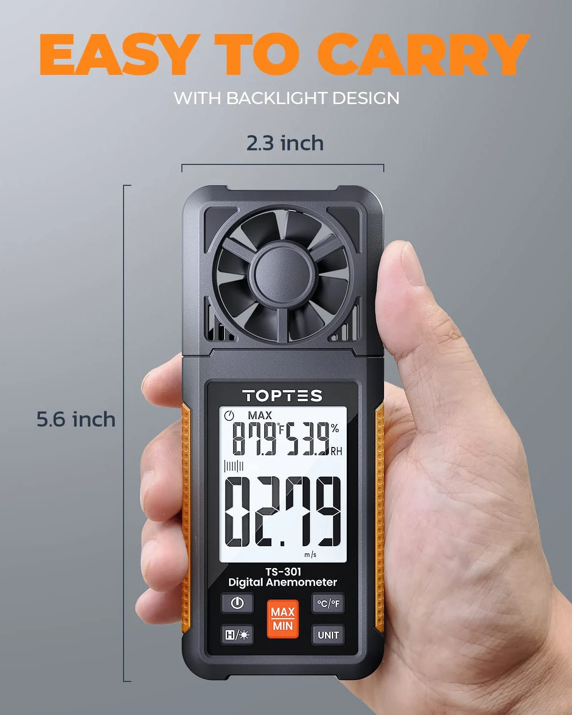 TopTes TS-301 cyfrowy miernik wiatru z ekranem LCD o przekątnej 2,26", ręczny anemometr, podświetlenie tła wiatru, precyzyjny pomiar prędkości wiatru, do żeglowania HVAC, surfowania, drona