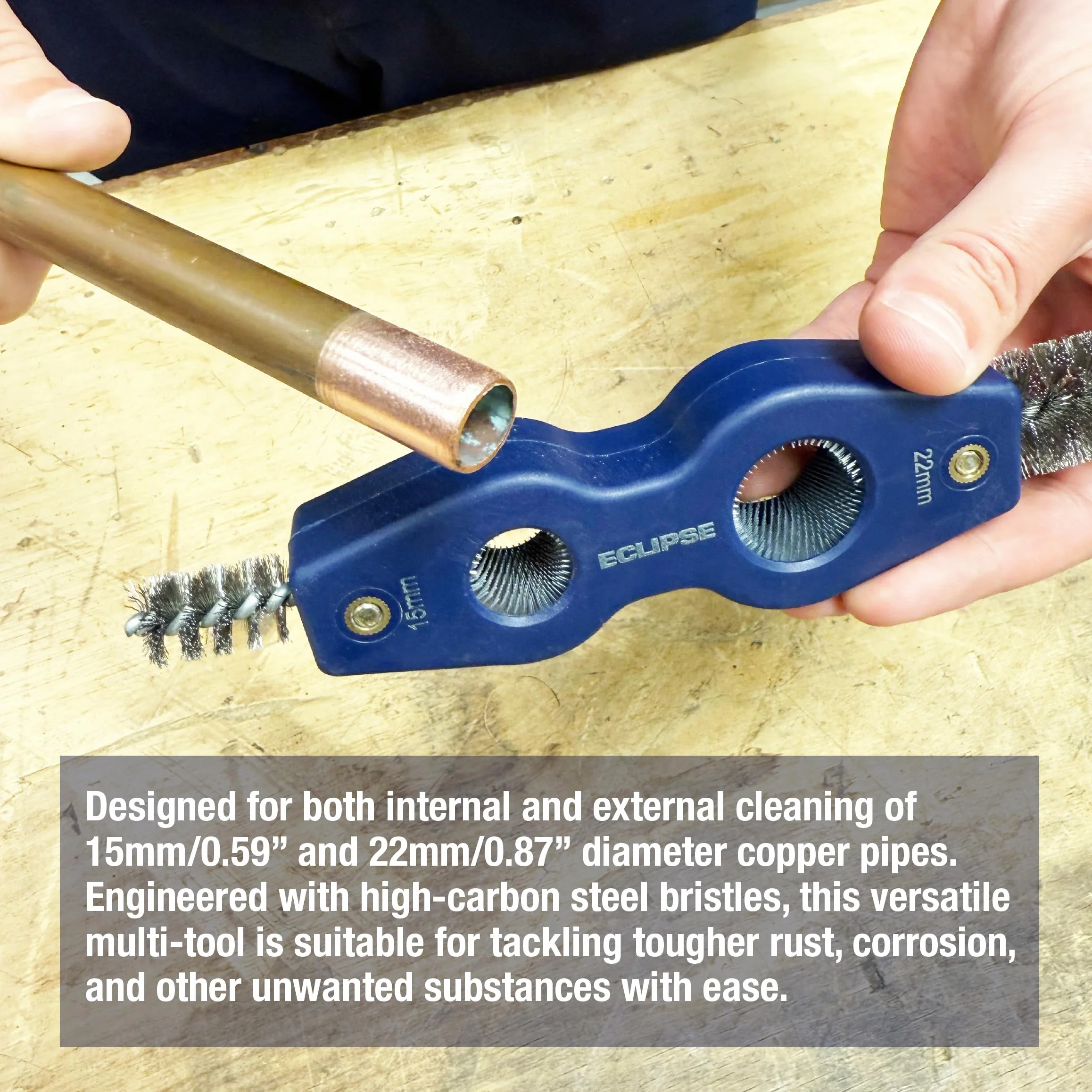Eclipse Professional Tools E4IN1PCDT Narzędzie 4w1 do Czyszczenia i Gratowania Rur – czyszczenie wewnętrzne/zewnętrzne rur 15 i 22 mm, szczotka stalowa, usuwa rdzę i korozję