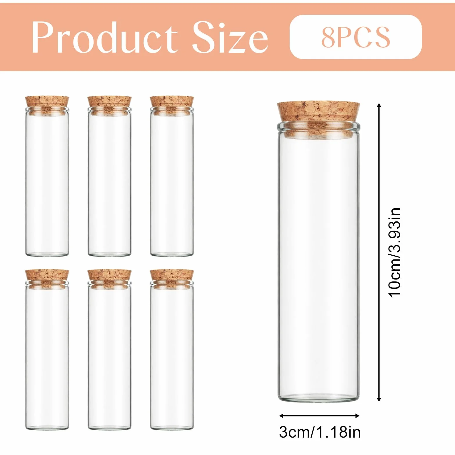 8 probówek z korkiem, 50 ml, płaskie dno, probówki 30 x 100 mm, szklane, wazon, przezroczyste, szklane rurki, do kwiatów, słodyczy, przypraw, przypraw, DIY, 8 sztuk