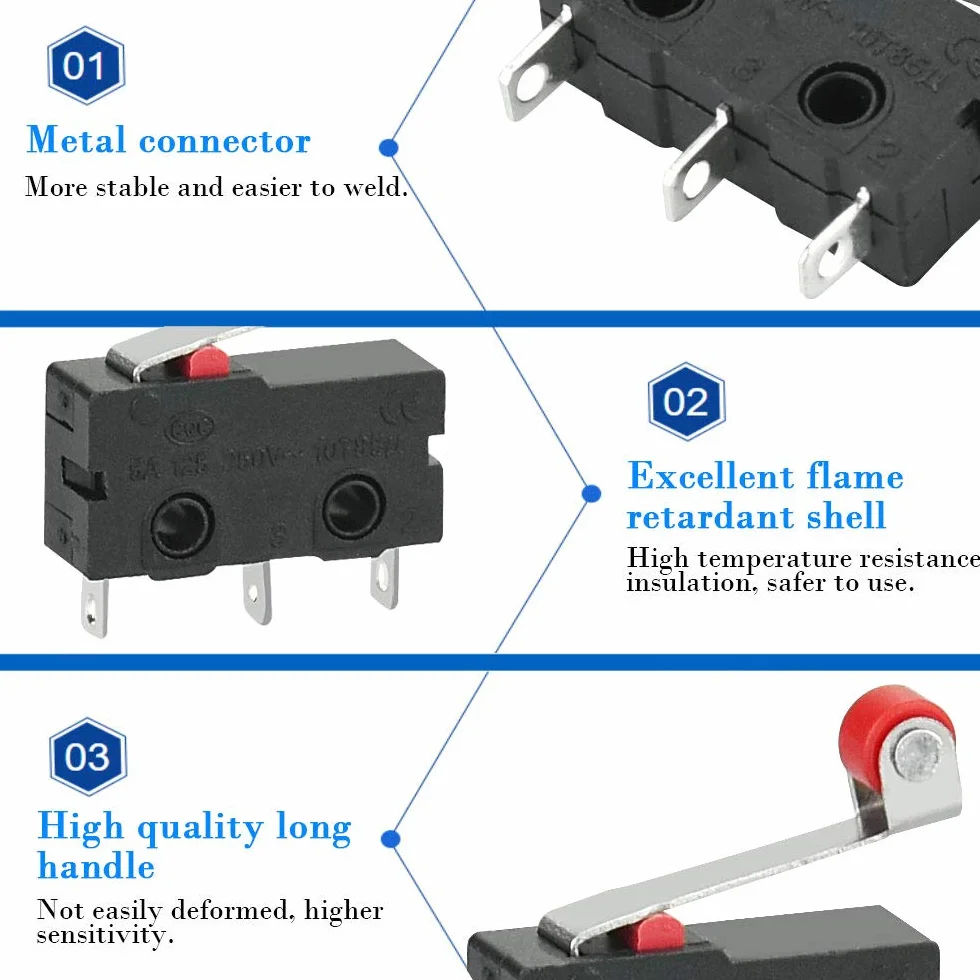 10 sztuk mikroprzełącznik krańcowy z dźwignią rolkową 250 V 5 A SPDT 1NO 1NC wyłącznik krańcowy mini miniaturowy przełącznik krańcowy 3 piny do mechaniki Arduino urządzeń elektronicznych