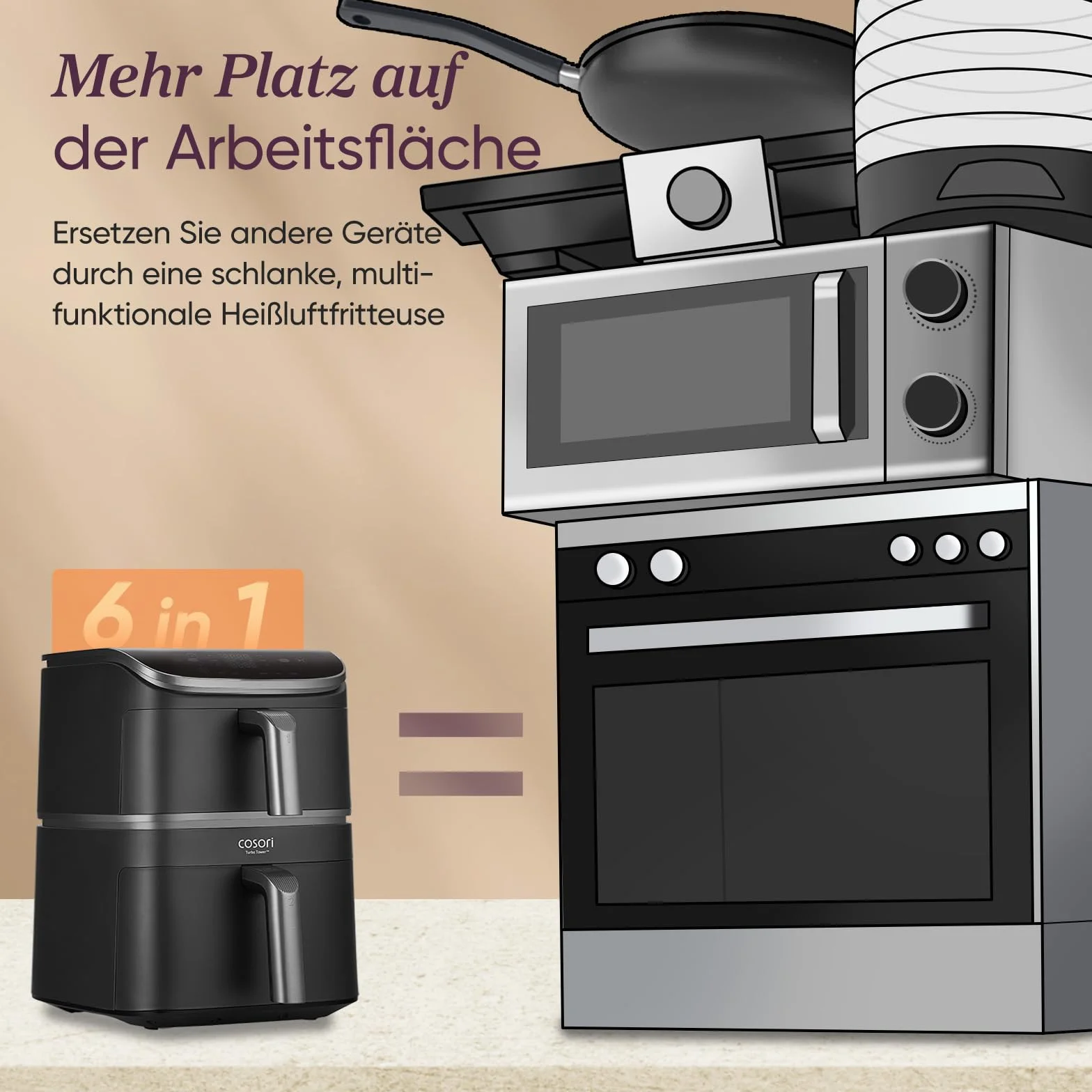 COSORI Turbo Tower frytkownica na gorące powietrze z 2 komorami, 10,8 l Double Stack Airfryer, oszczędza 41% powierzchni kuchennej, turbo przepływ powietrza dla chrupiących rezultatów, w zestawie