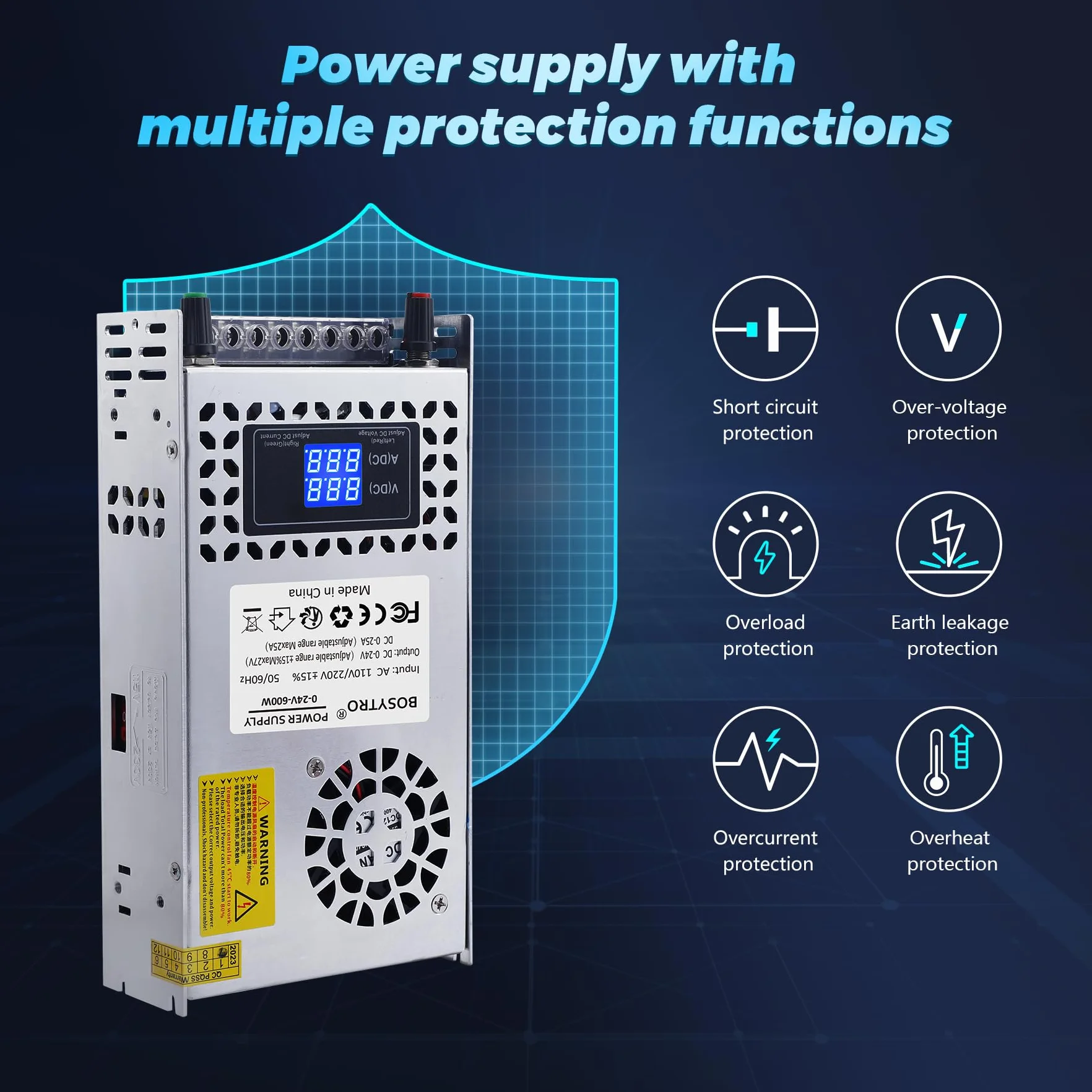 Regulowany zasilacz impulsowy DC 0-24V 0-25A 600W AC110/220V z cyfrowym wyświetlaczem