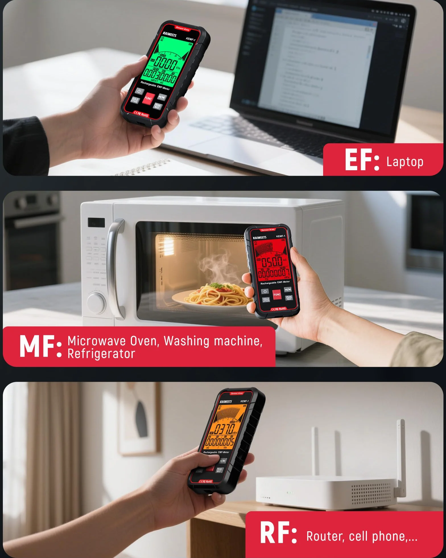 KAIWEETS miernik EMF z wyświetlaczem LED, EF/MF/RF, USB-C, przenośny